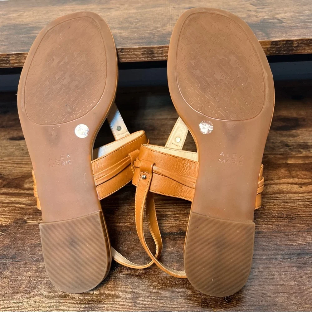 Alex Marie Tan Leather Sandals T Strap Casual Flat Metallic Buckle Women's 8